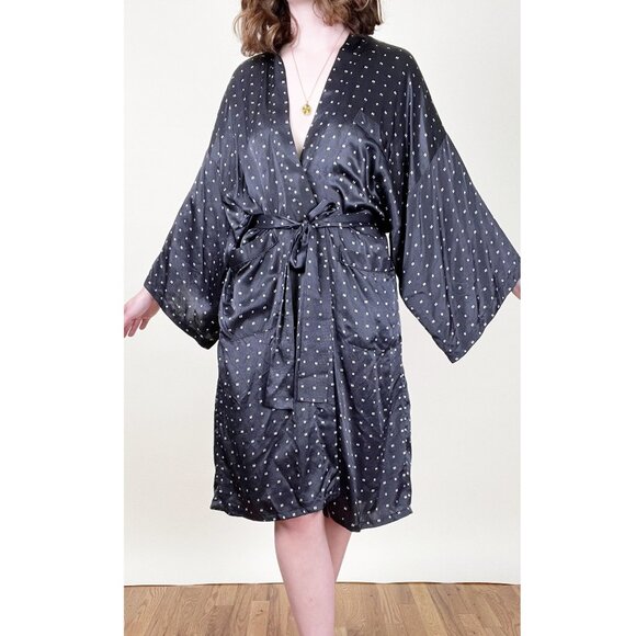 Vintage 100% Silk Robe Kimono Duster Cardigan Lounge Quiet Luxury Matching Belt - Picture 2 of 7